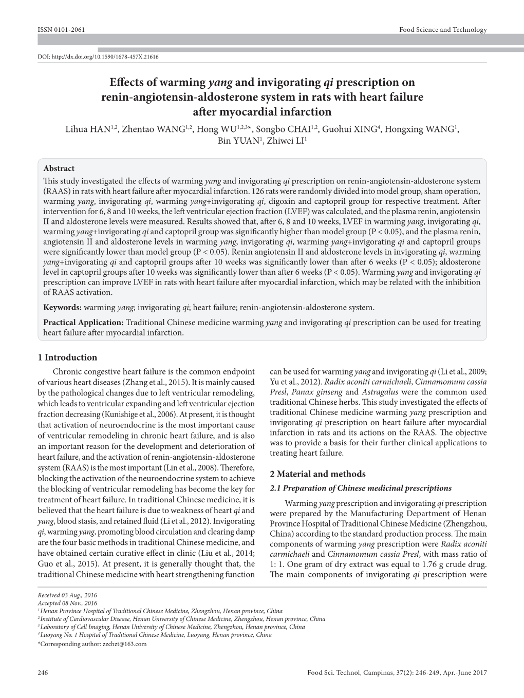 Effects of Warming Yang and Invigorating Qi Prescription on Renin-Angiotensin-Aldosterone System (RAAS) in Rats with Heart Failure After Myocardial Infarction