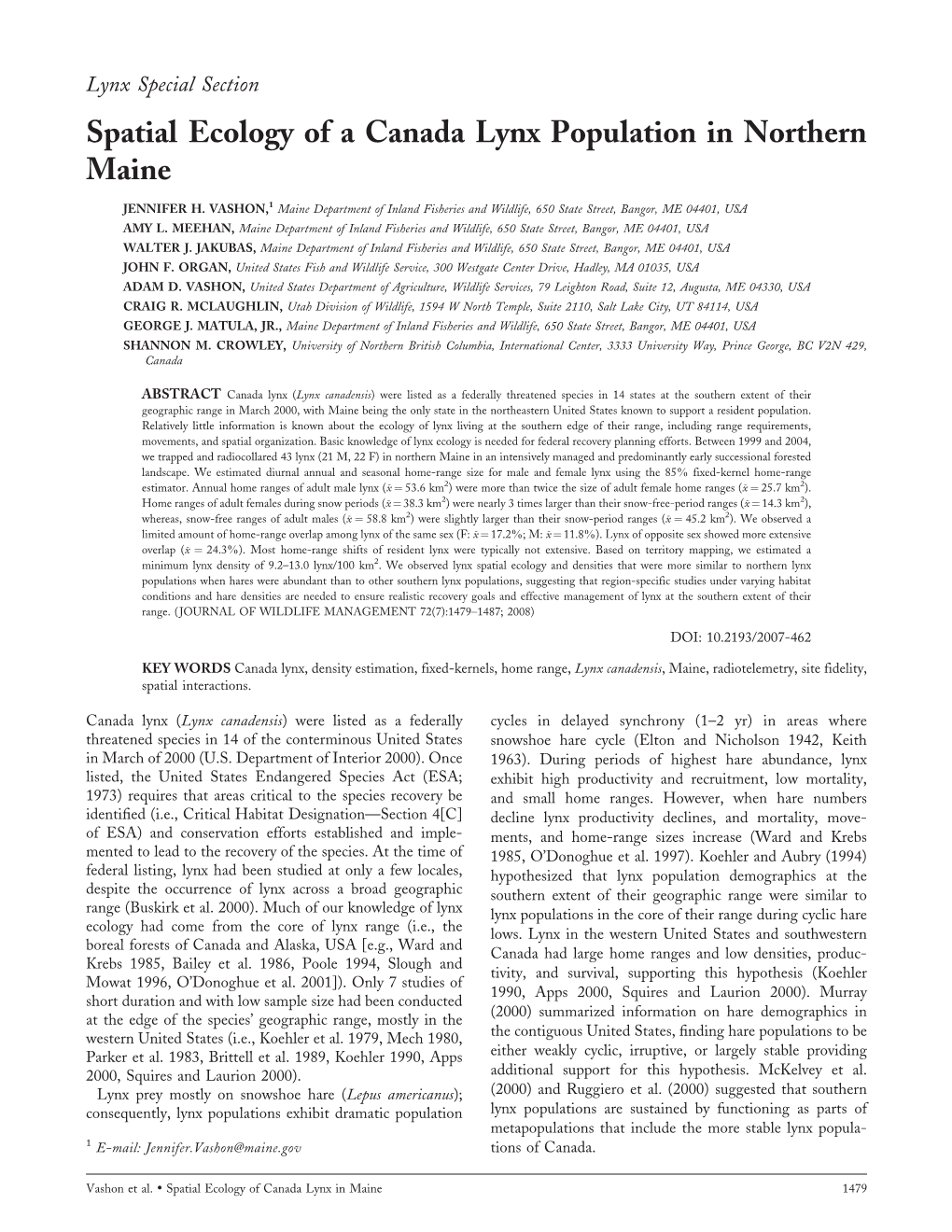 Spatial Ecology of a Canada Lynx Population in Northern Maine