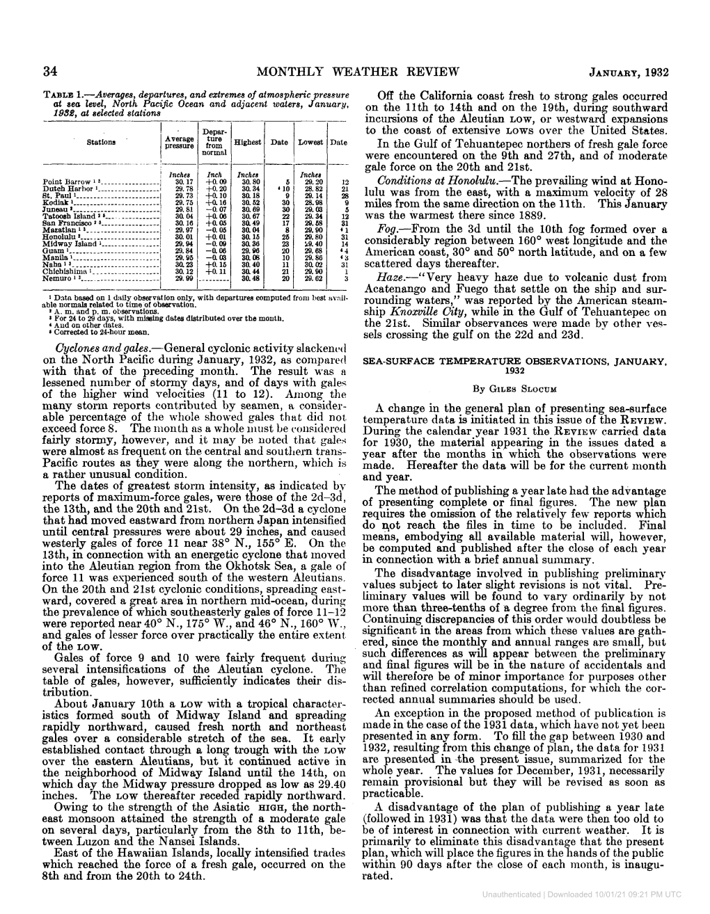 Sea-Surface Temperature Observations, January, 1932