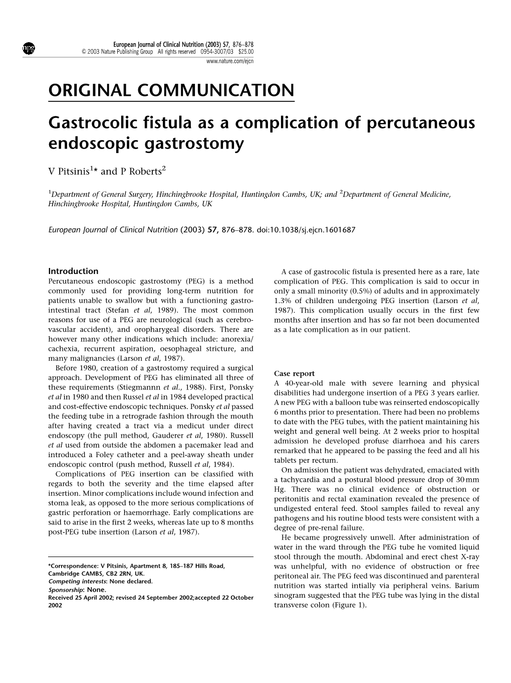 Gastrocolic Fistula As a Complication of Percutaneous Endoscopic Gastrostomy