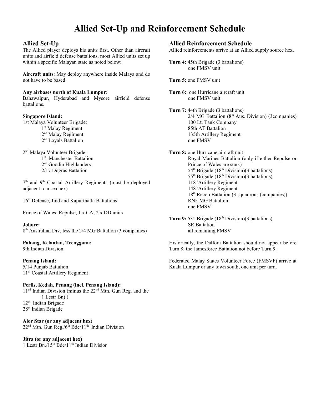 Allied Set-Up and Reinforcement Schedule