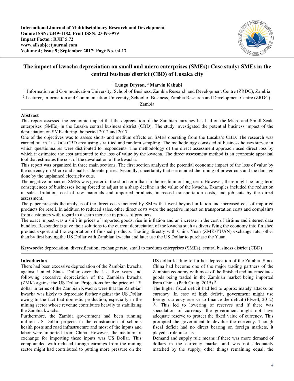 The Impact of Kwacha Depreciation on Small and Micro Enterprises (Smes): Case Study: Smes in the Central Business District (CBD) of Lusaka City