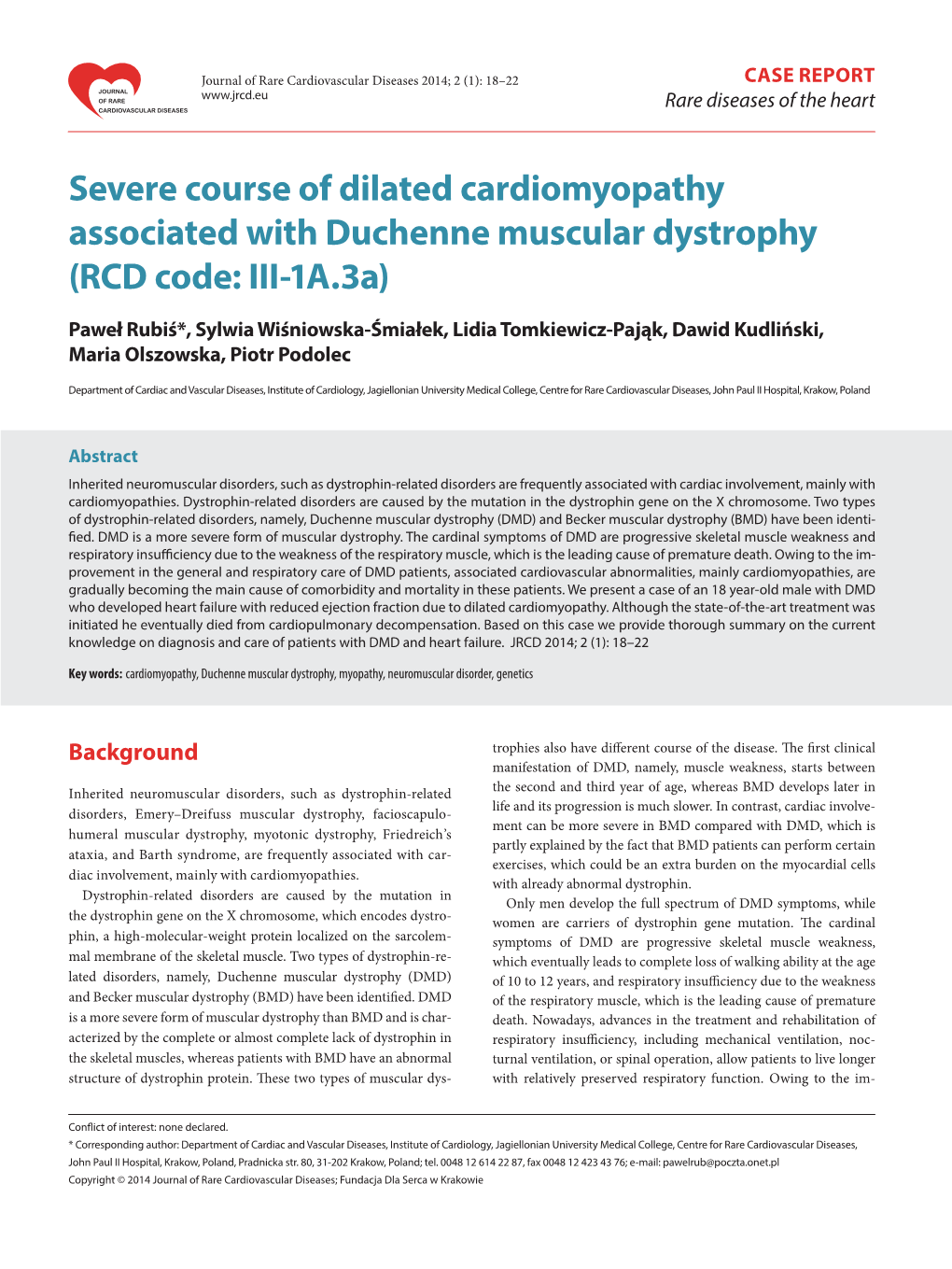 Severe Course of Dilated Cardiomyopathy Associated with Duchenne Muscular Dystrophy (RCD Code: III‑1A.3A)