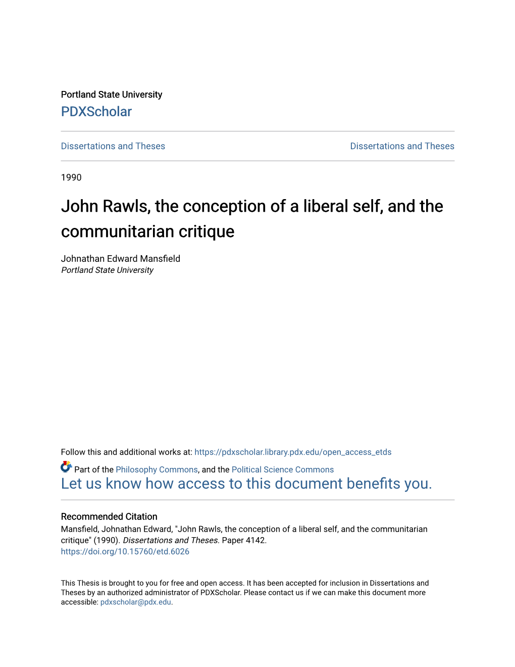 John Rawls, the Conception of a Liberal Self, and the Communitarian Critique