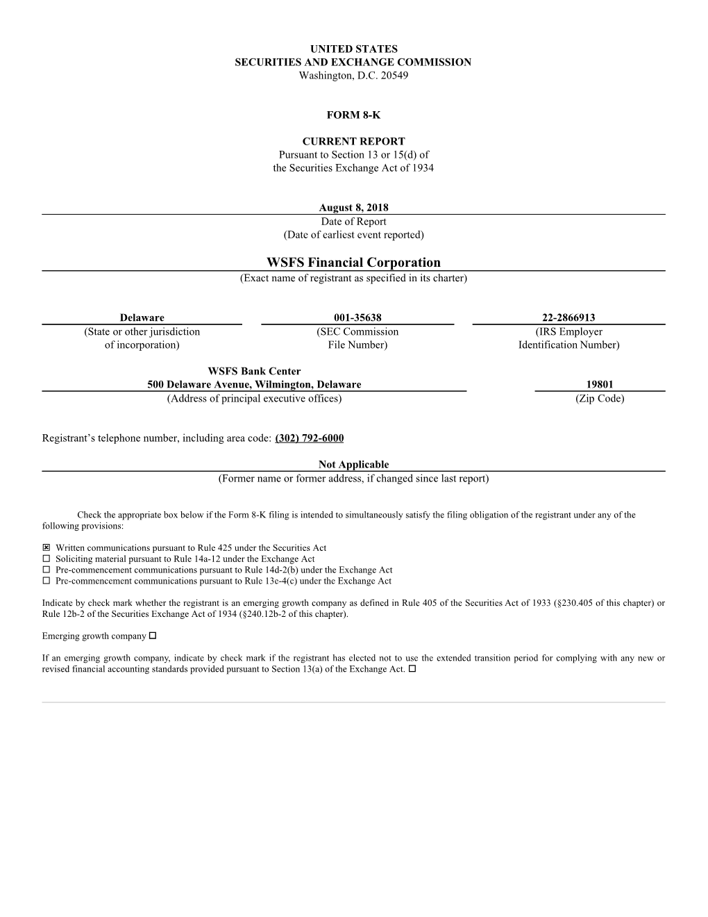 WSFS Financial Corporation (Exact Name of Registrant As Specified in Its Charter)