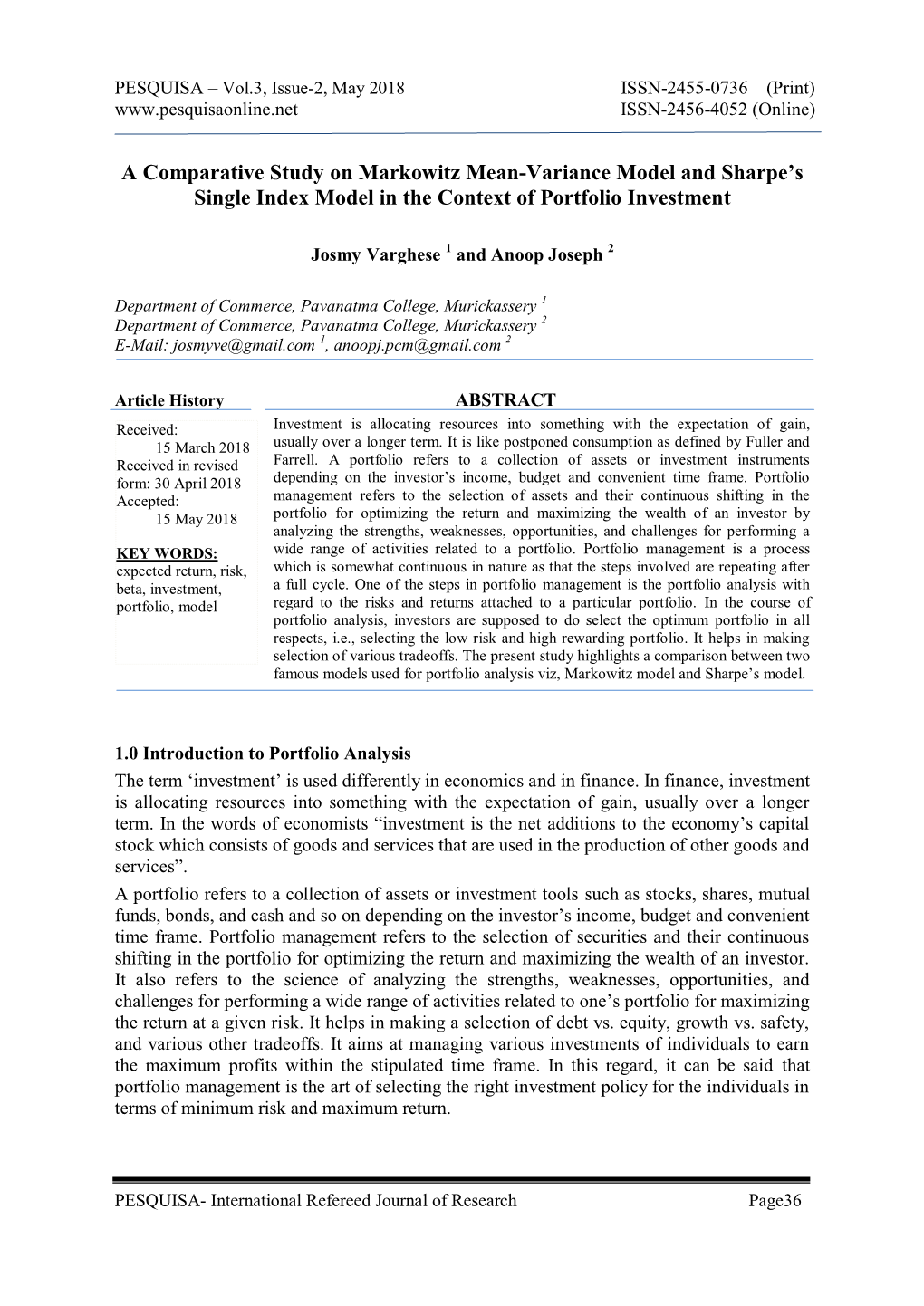 A Comparative Study on Markowitz Mean-Variance Model and Sharpe’S Single Index Model in the Context of Portfolio Investment