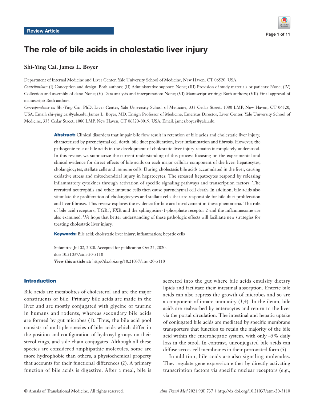 The Role of Bile Acids in Cholestatic Liver Injury