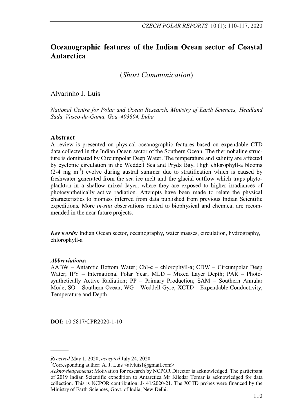 Oceanographic Features of the Indian Ocean Sector of Coastal Antarctica (Short Communication)