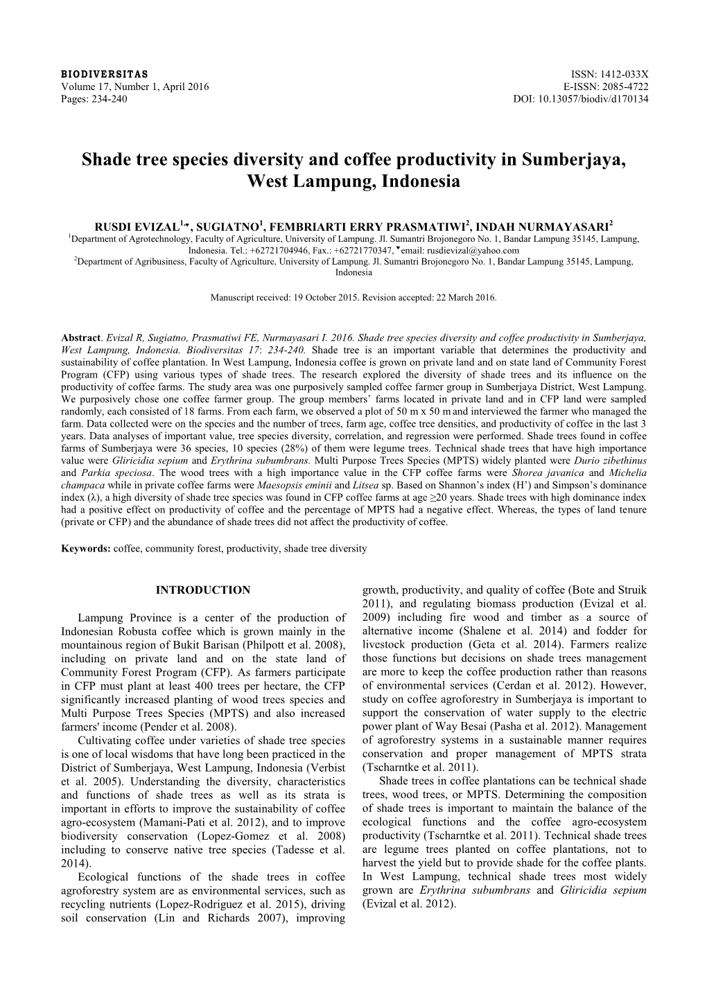 Shade Tree Species Diversity and Coffee Productivity in Sumberjaya, West Lampung, Indonesia