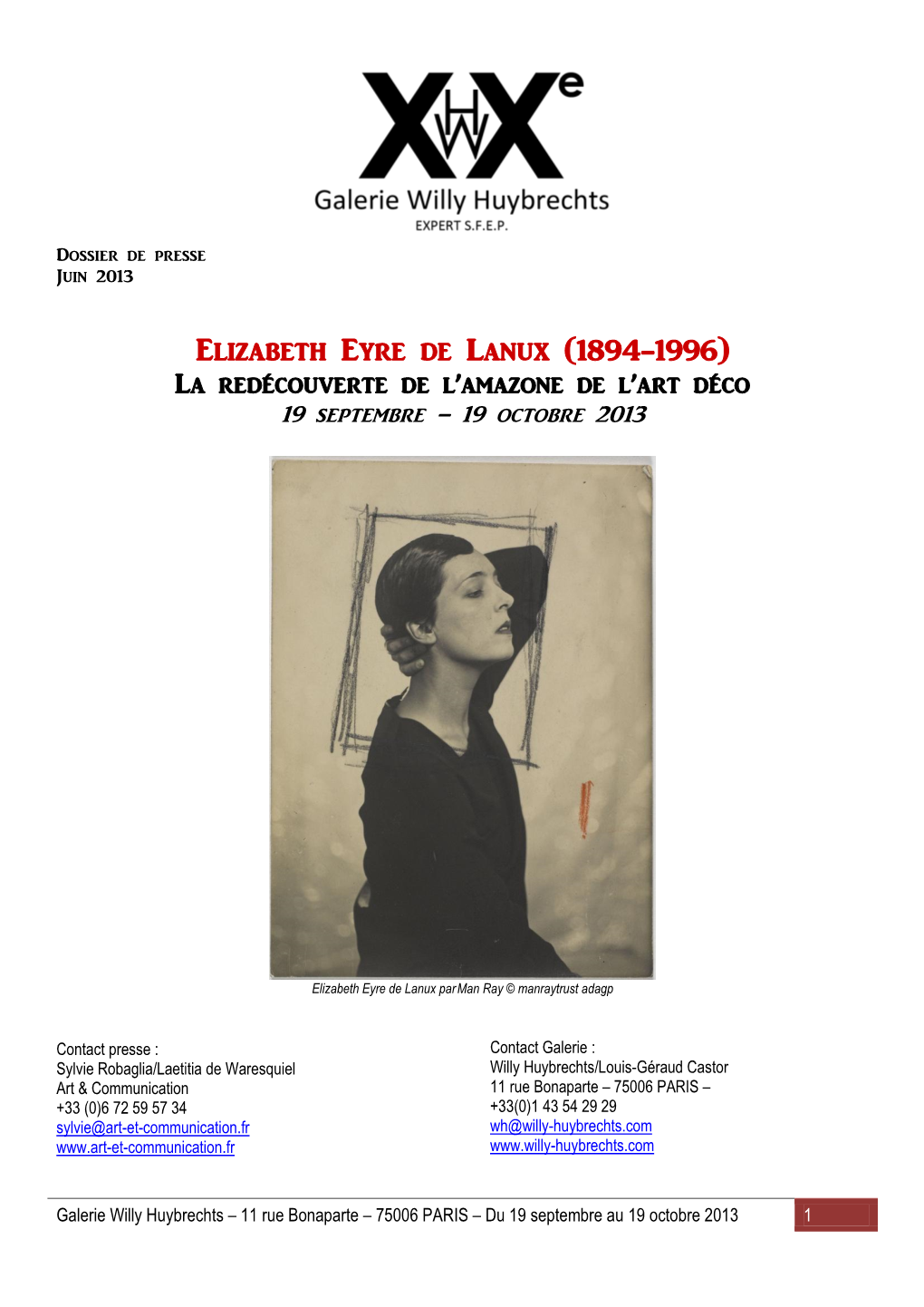 Elizabeth Eyre De Lanux (1894-1996) La Redécouverte De L’Amazone De L’Art Déco 19 Septembre – 19 Octobre 2013