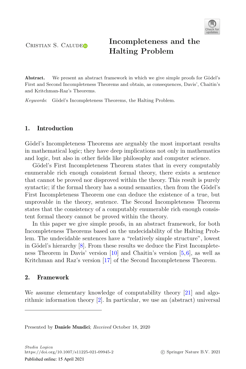 Incompleteness and the Halting Problem