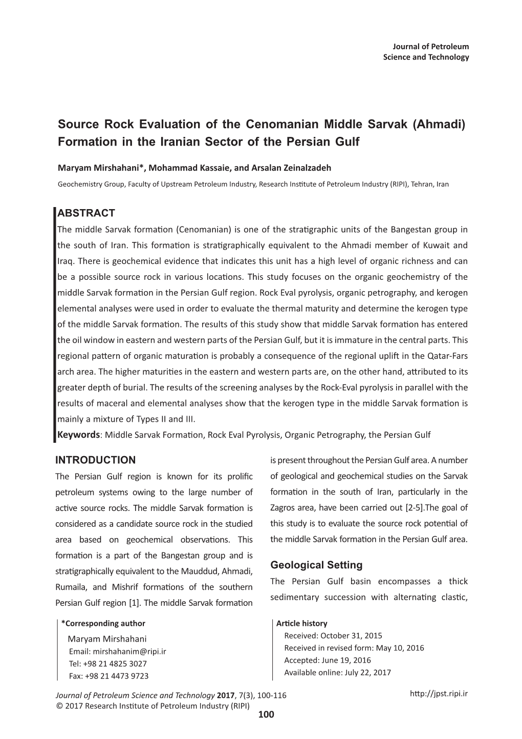 Source Rock Evaluation of the Cenomanian Middle Sarvak (Ahmadi) Formation in the Iranian Sector of the Persian Gulf