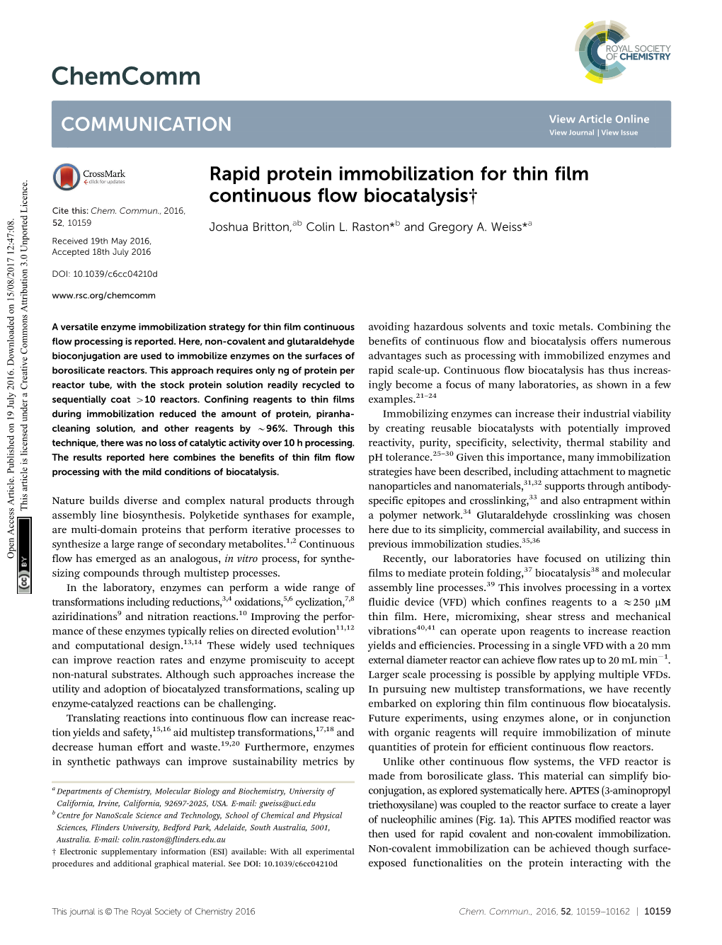 Rapid Protein Immobilization for Thin Film Continuous Flow Biocatalysis† Cite This: Chem