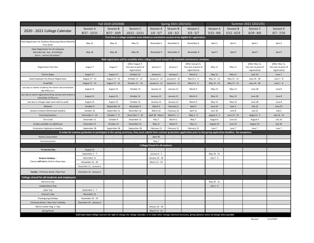 2020-2021 Academic Calendar