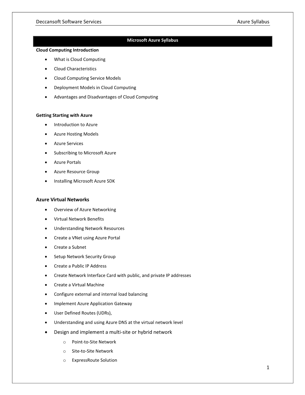 Deccansoft Software Services Azure Syllabus 1 Azure Virtual Networks