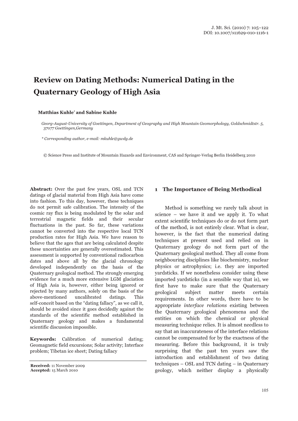 Review on Dating Methods: Numerical Dating in the Quaternary Geology of High Asia