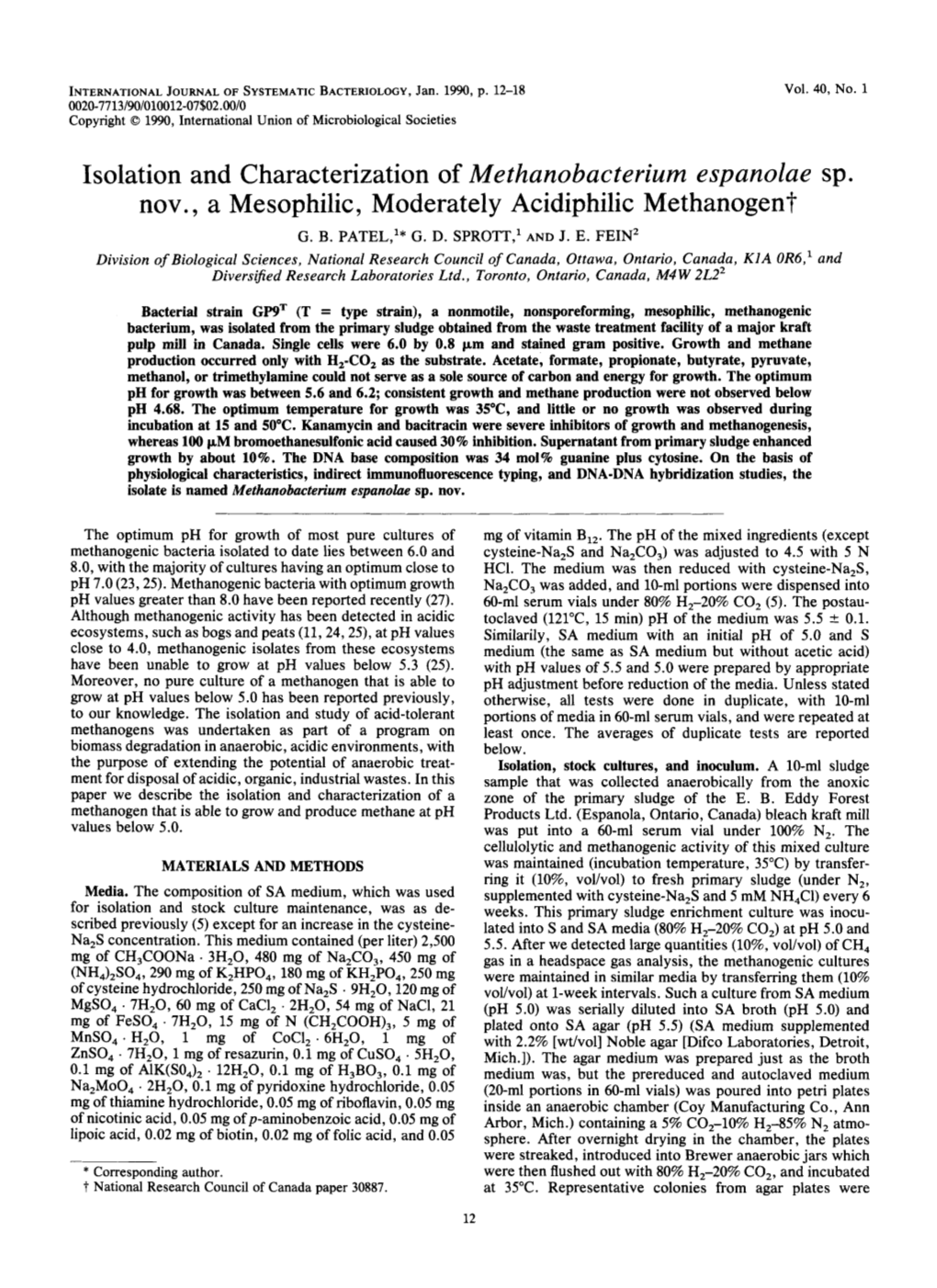 Isolation and Characterization of Methanobacterium Espanolae Sp