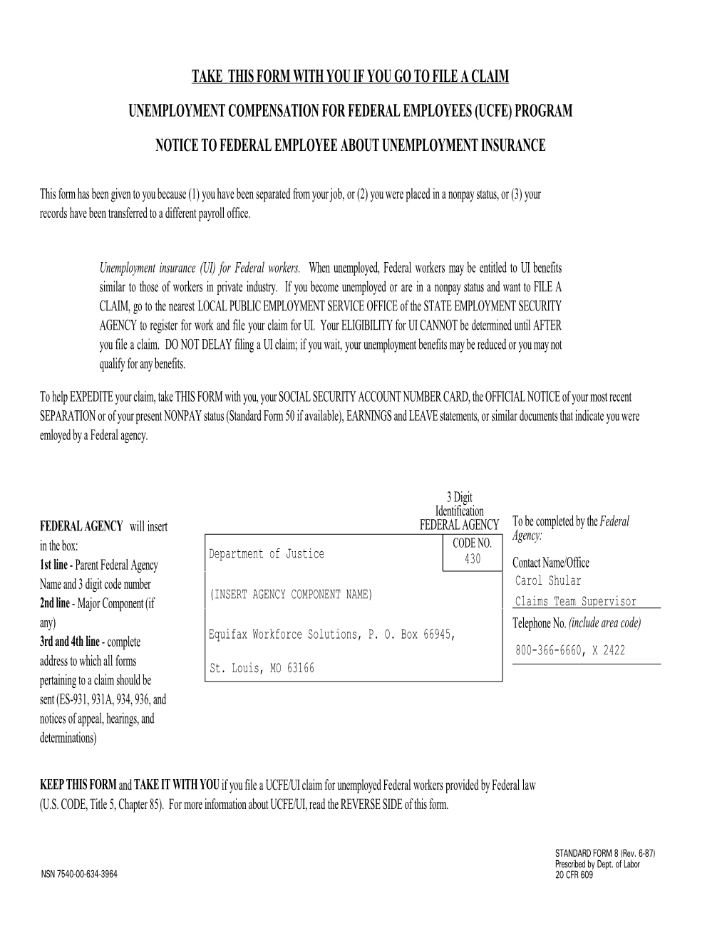 Unemployment Compensation Form SF-8