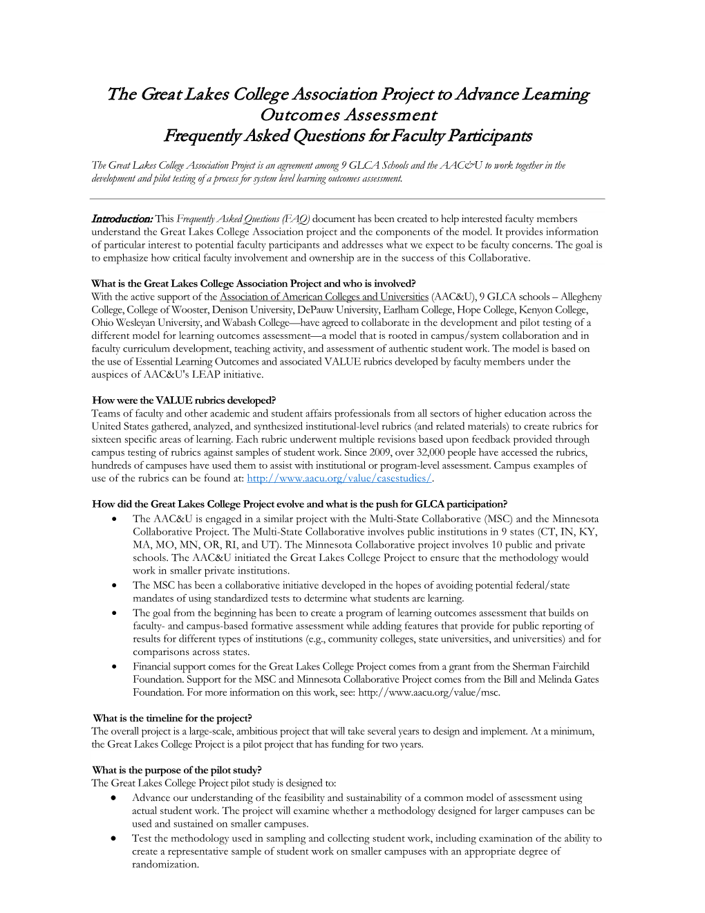 The Great Lakes College Association Project to Advance Learning Outcomes Assessment Frequently Asked Questions for Faculty Participants