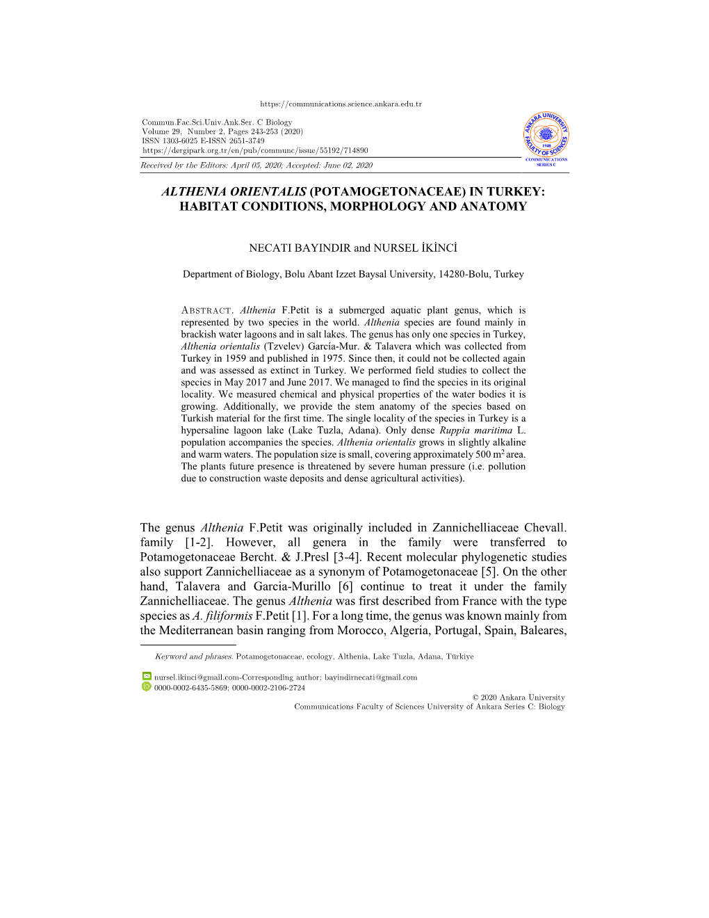 Althenia Orientalis (Potamogetonaceae) in Turkey: Habitat Conditions, Morphology and Anatomy