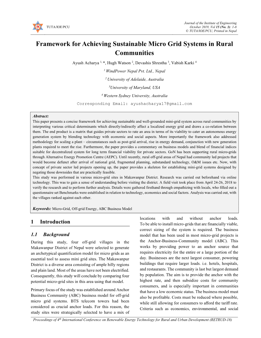 Framework for Achieving Sustainable Micro Grid Systems in Rural