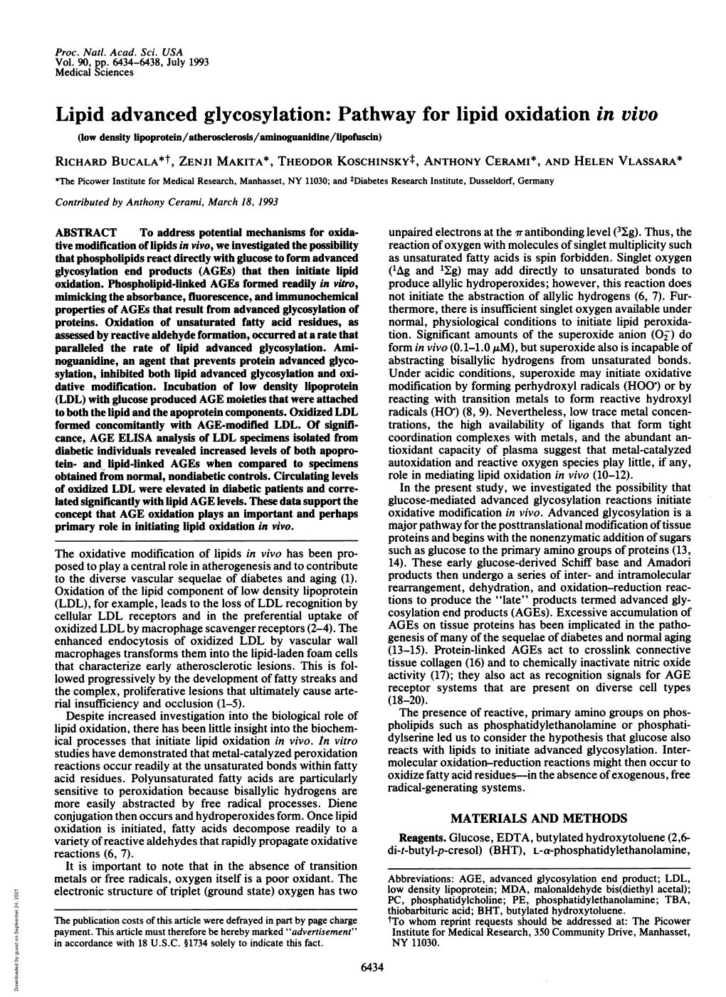 Lipid Advanced Glycosylation: Pathway for Lipid Oxidation in Vivo