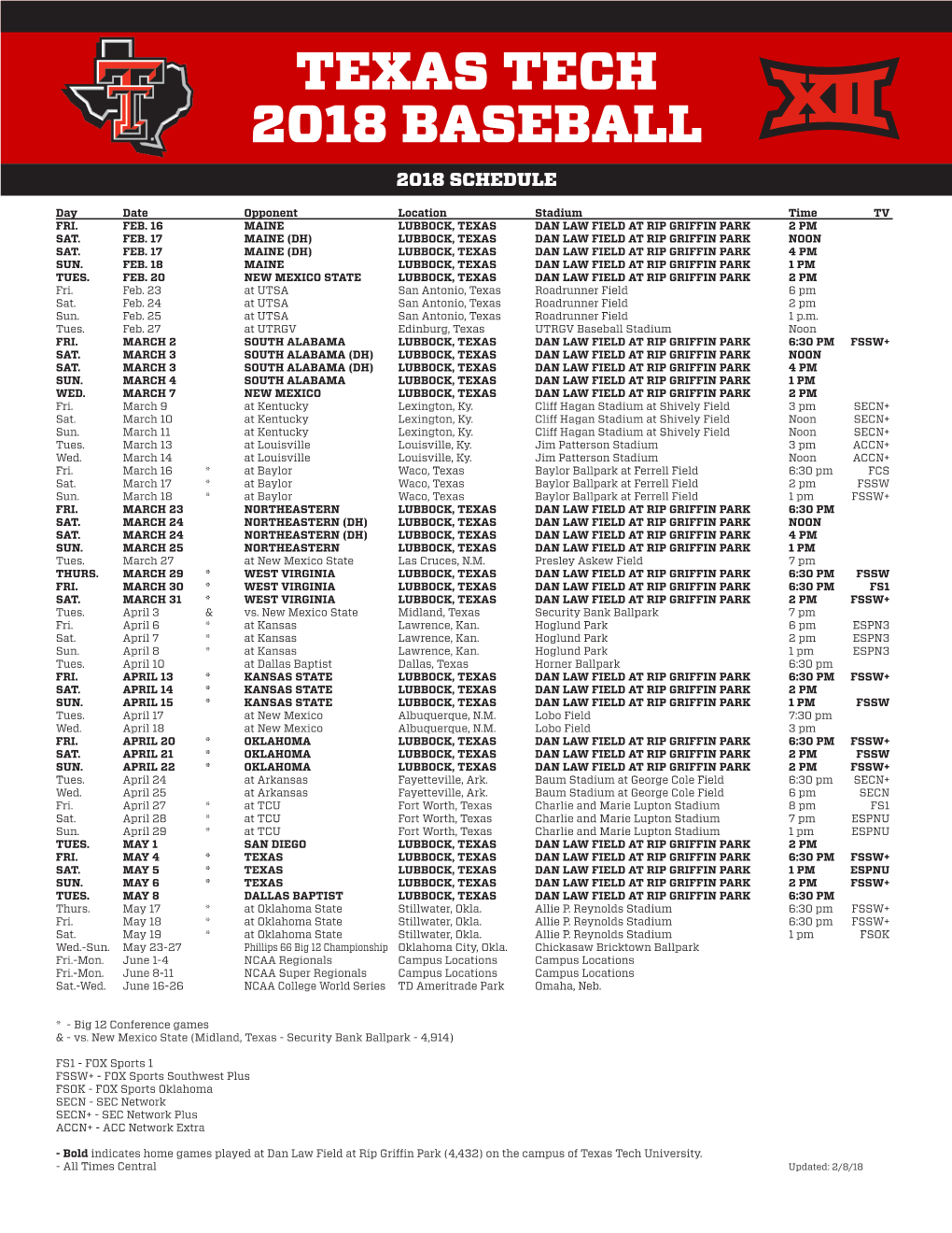 Texas Tech 2018 Baseball 2018 Schedule