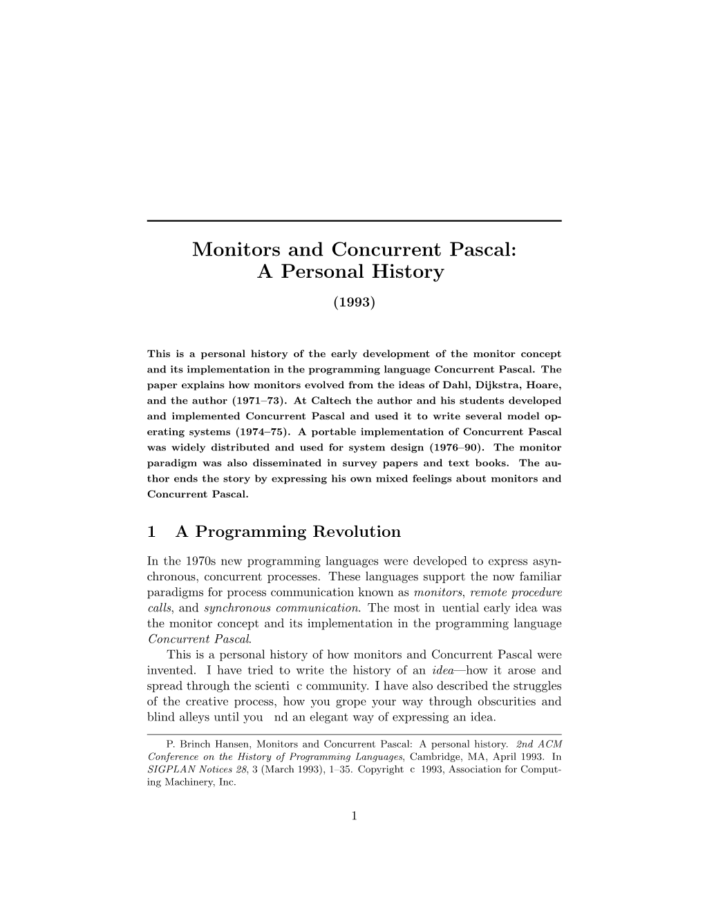 Monitors and Concurrent Pascal: a Personal History