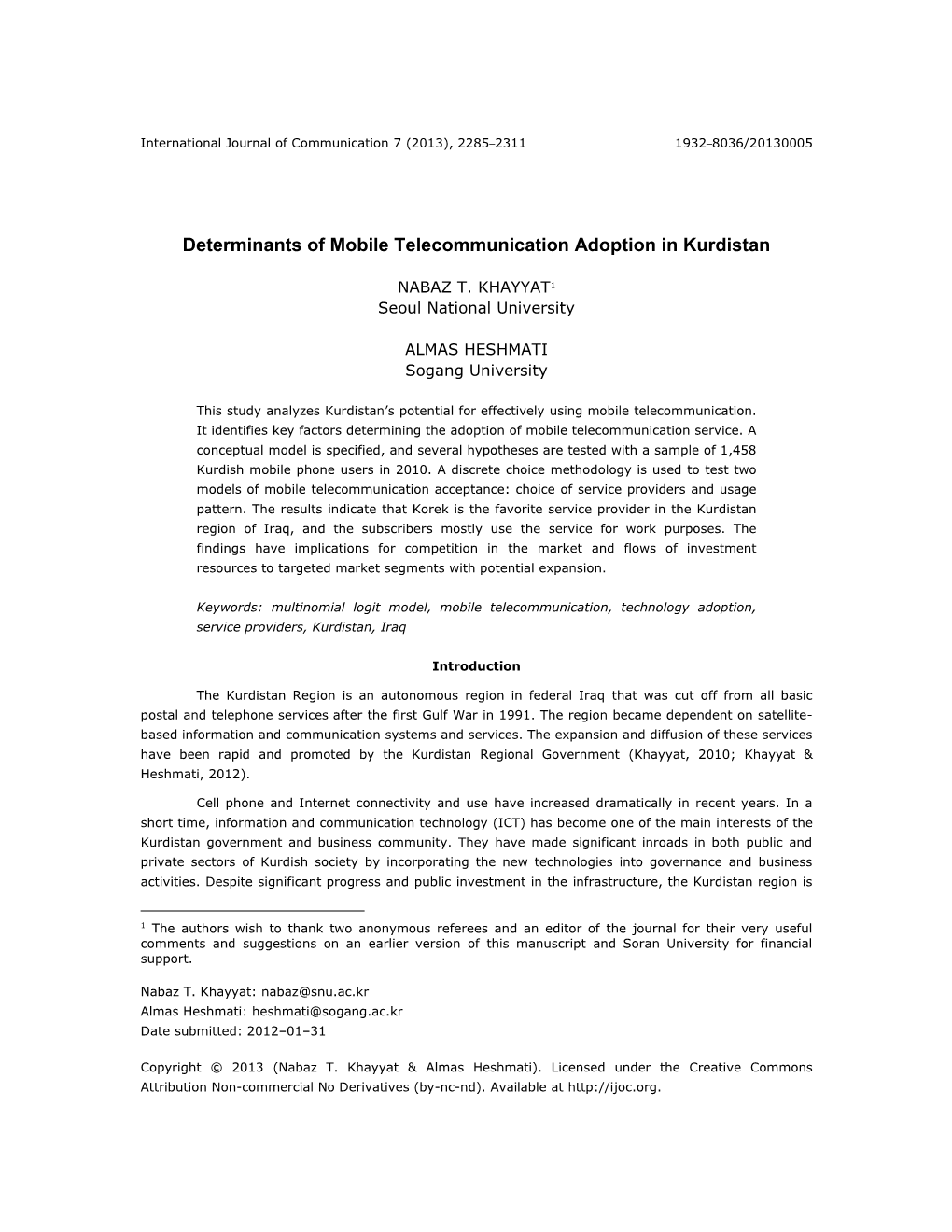 Determinants of Mobile Telecommunication Adoption in Kurdistan