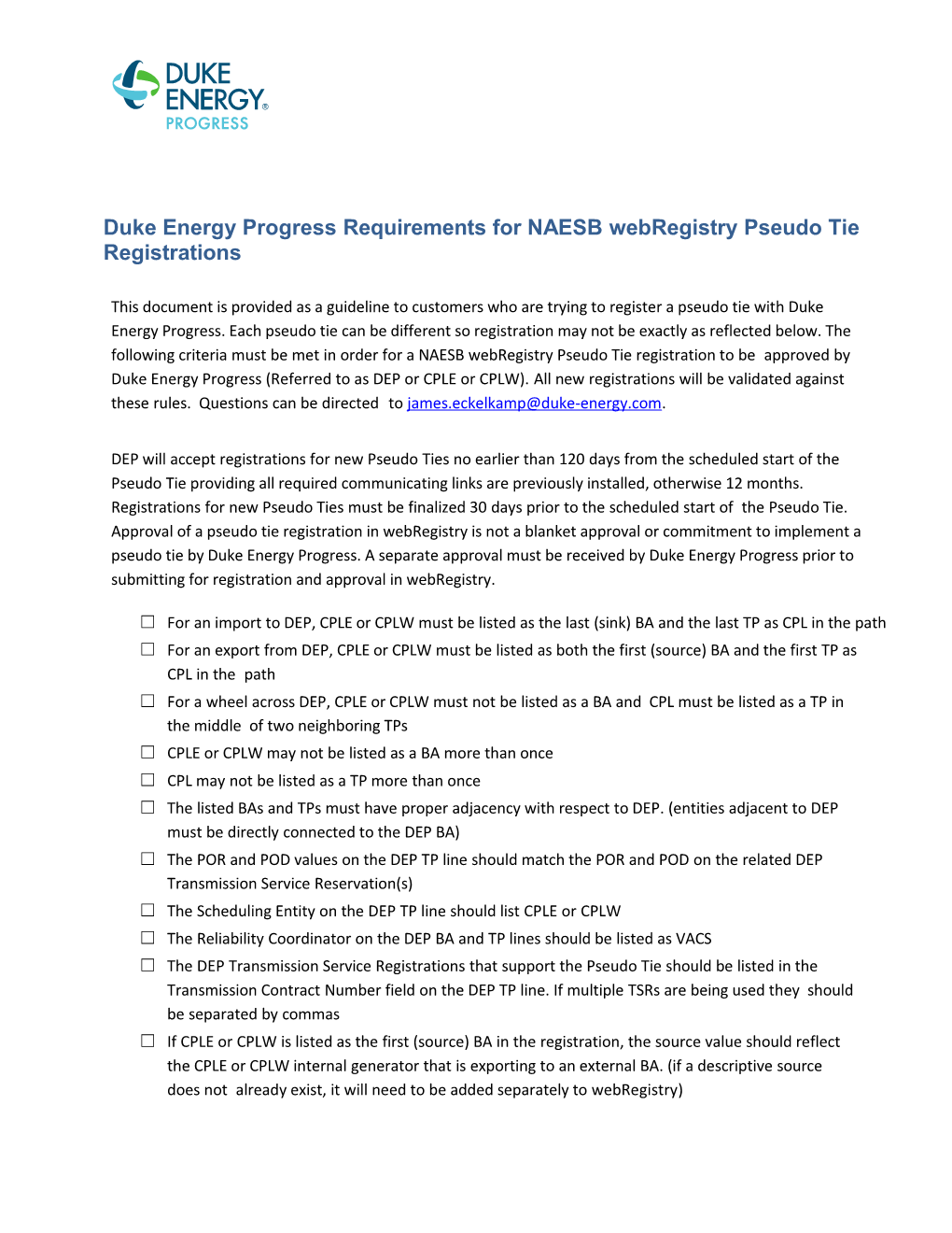 Duke Energy Progress Requirements for NAESB Webregistry Pseudo Tie Registrations This