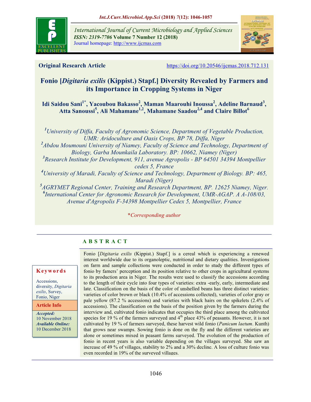 Fonio [Digitaria Exilis (Kippist.) Stapf.] Diversity Revealed by Farmers and Its Importance in Cropping Systems in Niger