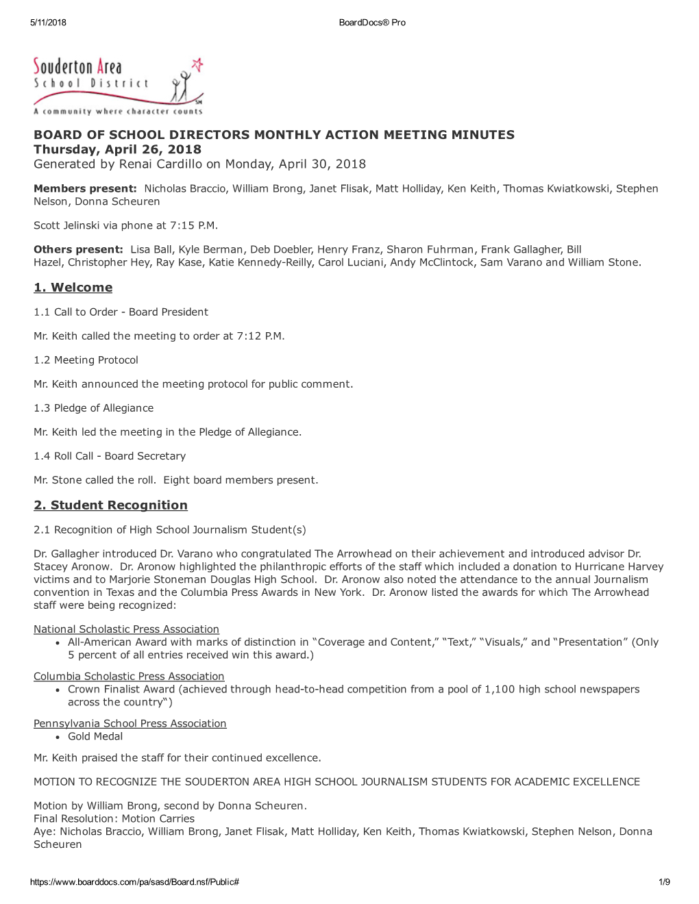 BOARD of SCHOOL DIRECTORS MONTHLY ACTION MEETING MINUTES Thursday, April 26, 2018 Generated by Renai Cardillo on Monday, April 30, 2018