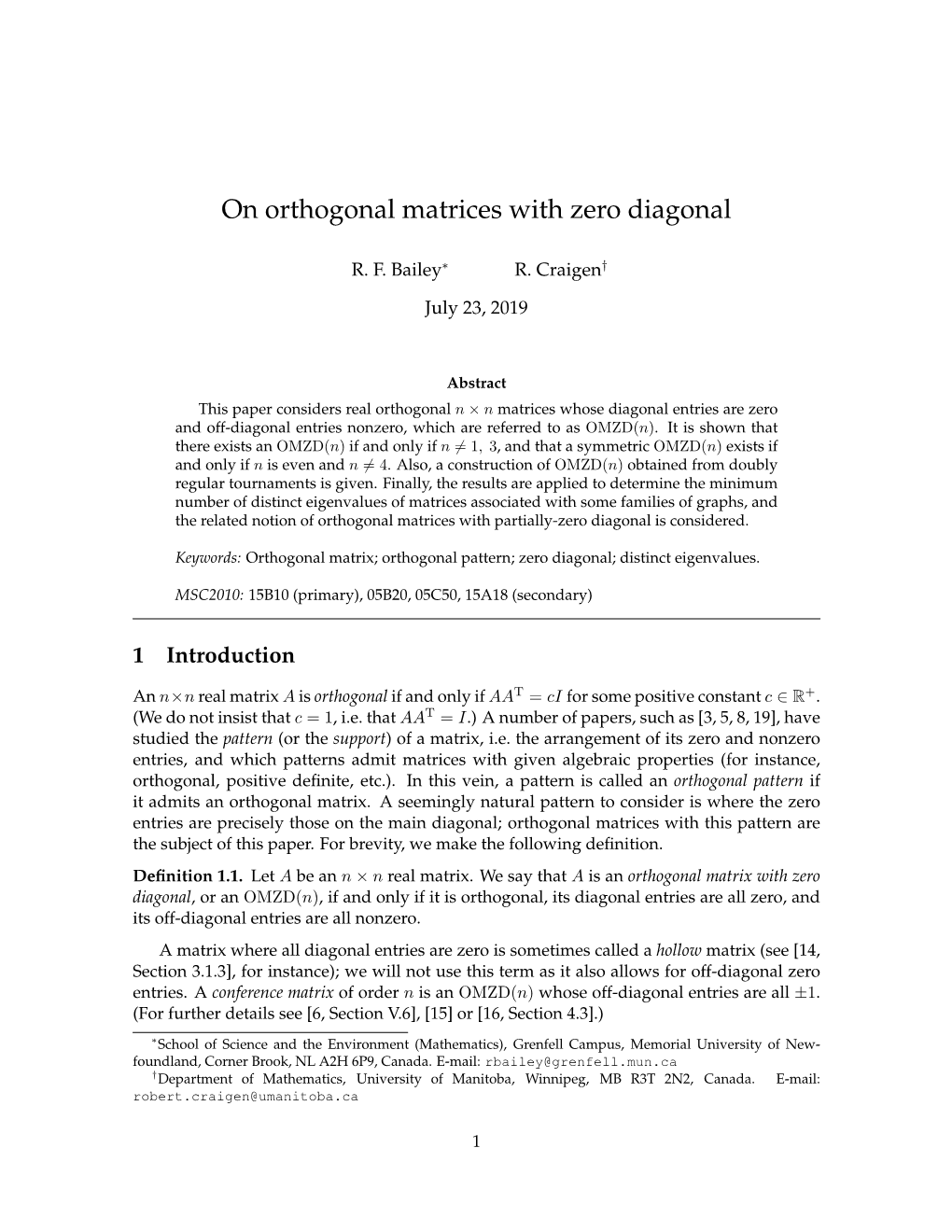 On Orthogonal Matrices with Zero Diagonal