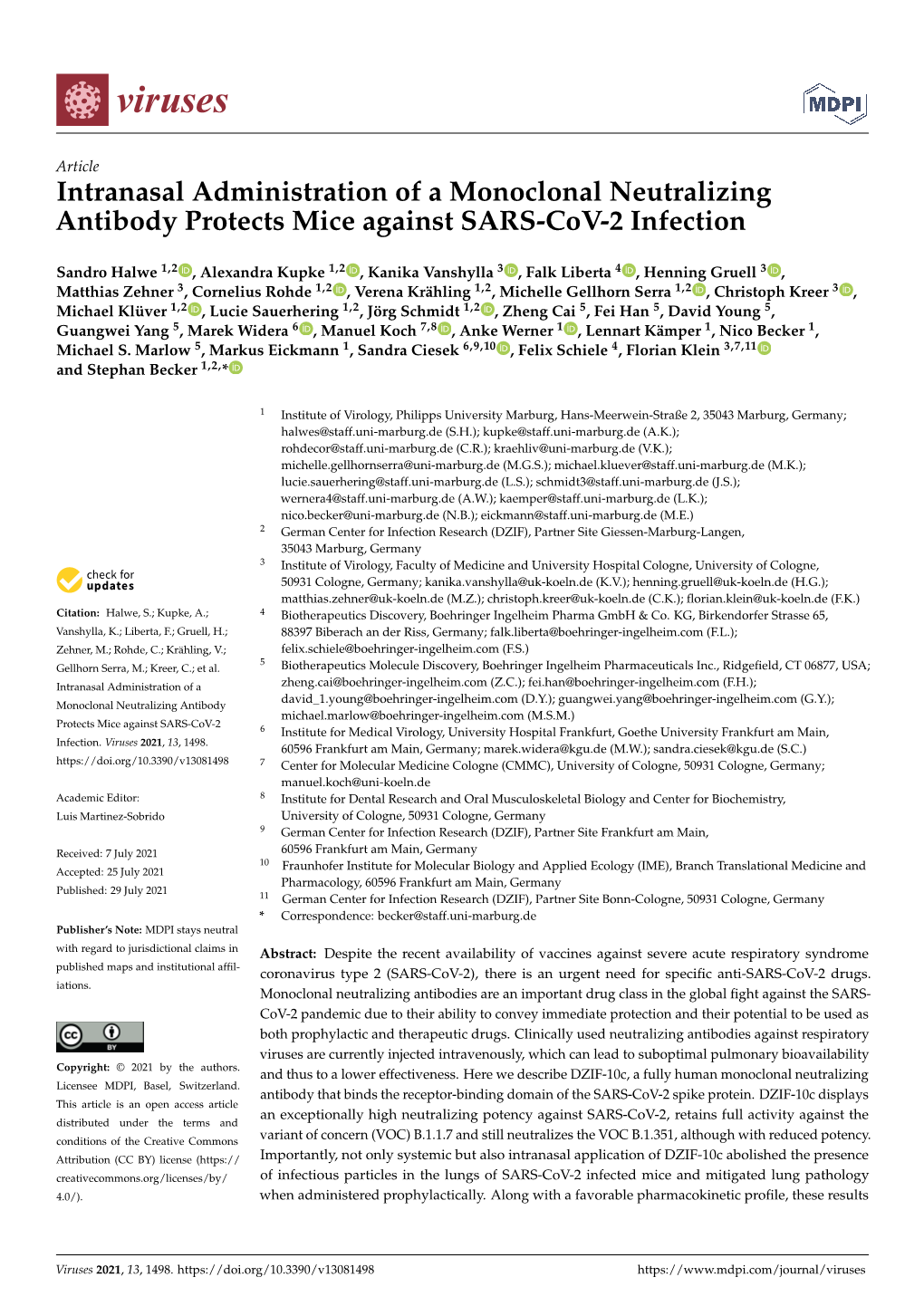 Intranasal Administration of a Monoclonal Neutralizing Antibody Protects Mice Against SARS-Cov-2 Infection
