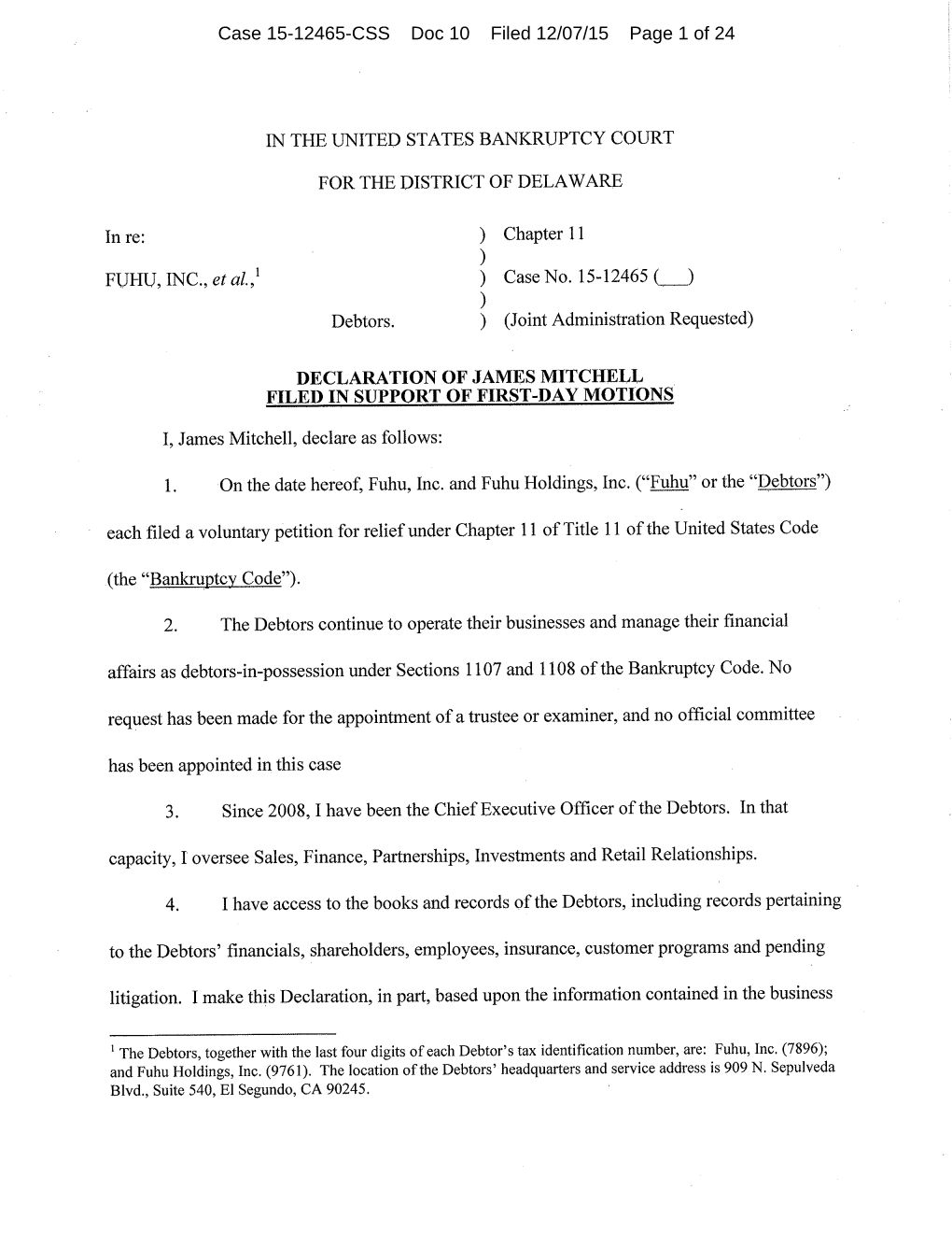 Case 15-12465-CSS Doc 10 Filed 12/07/15 Page 1 of 24