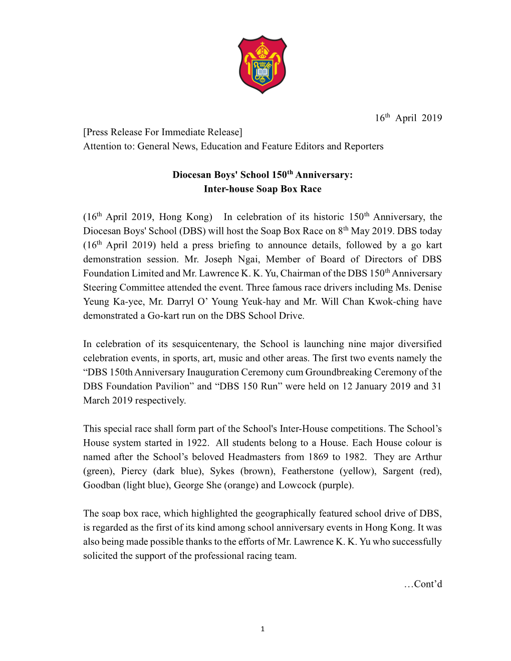 16Th April 2019 [Press Release for Immediate Release] Attention To: General News, Education and Feature Editors and Reporters