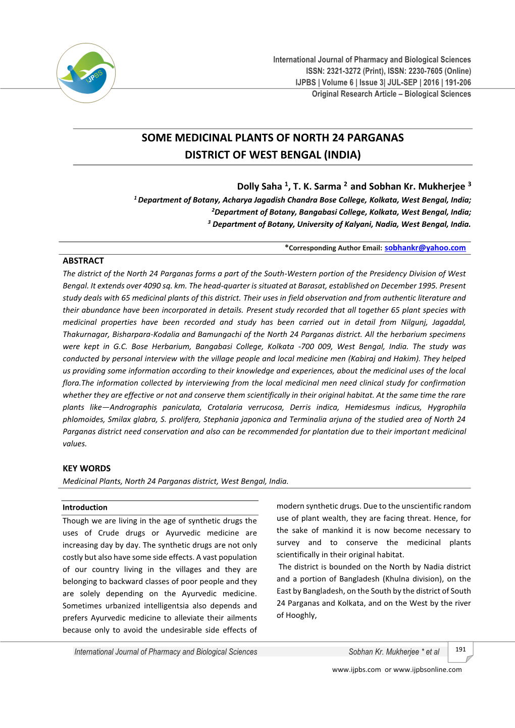 Some Medicinal Plants of North 24 Parganas District of West Bengal (India)