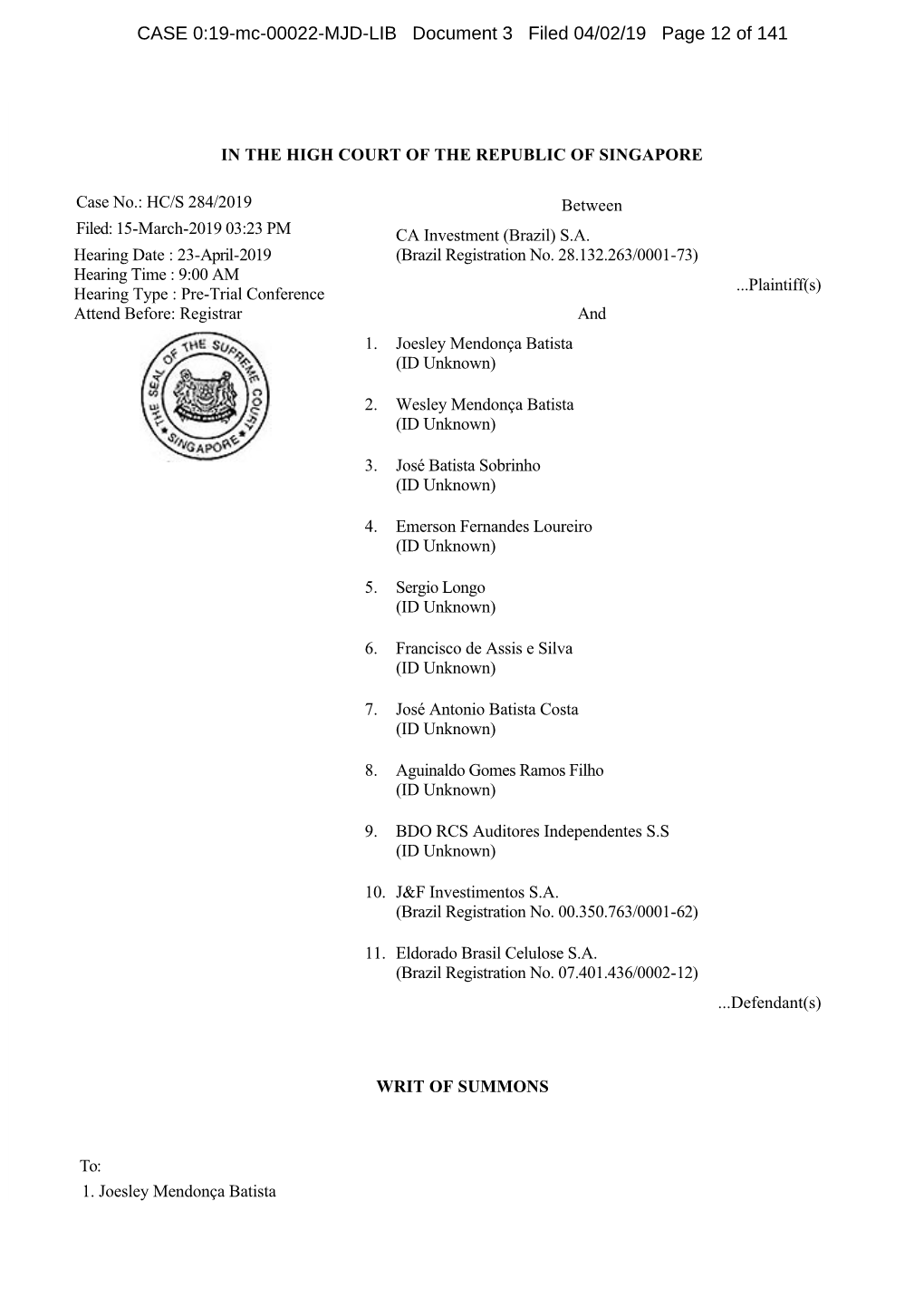 CASE 0:19-Mc-00022-MJD-LIB Document 3 Filed 04/02/19 Page 12 of 141