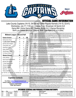 OFFICIAL GAME INFORMATION Lake County Captains (14-10, 54-39) Vs