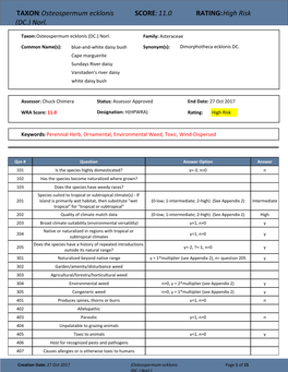 Osteospermum Ecklonis SCORE: 11.0 RATING: High Risk (DC.) Norl