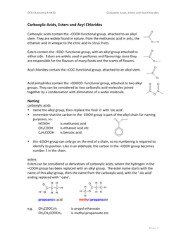 Carboxylic Acids, Esters and Acyl Chlorides
