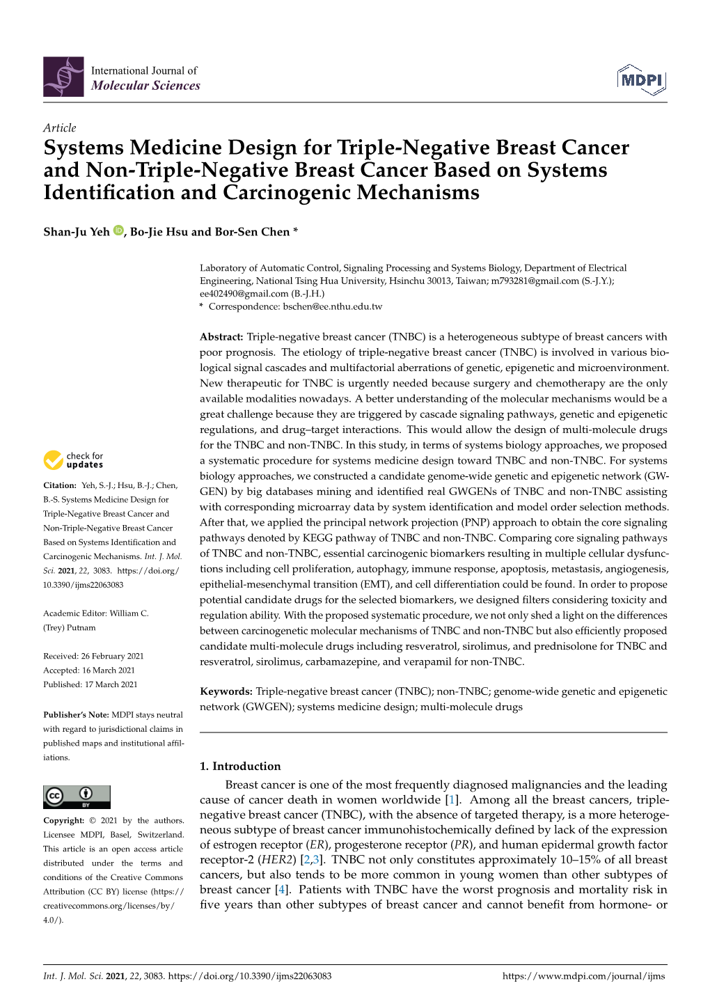 Systems Medicine Design for Triple-Negative Breast Cancer and Non-Triple-Negative Breast Cancer Based on Systems Identiﬁcation and Carcinogenic Mechanisms