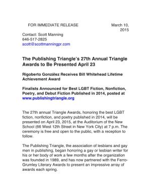 The Publishing Triangle's 27Th Annual Triangle Awards to Be Presented