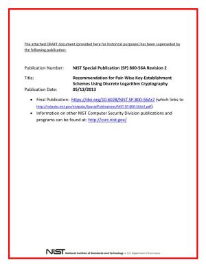DRAFT Special Publication 800-56A, Recommendation for Pair-Wise Key