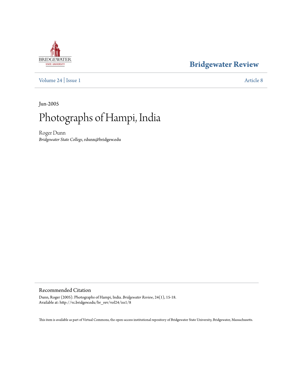 Photographs of Hampi, India Roger Dunn Bridgewater State College, Rdunn@Bridgew.Edu