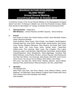 MAUNGATAUTARI ECOLOGICAL ISLAND TRUST Annual General Meeting Unconfirmed Minutes 22 October 2019