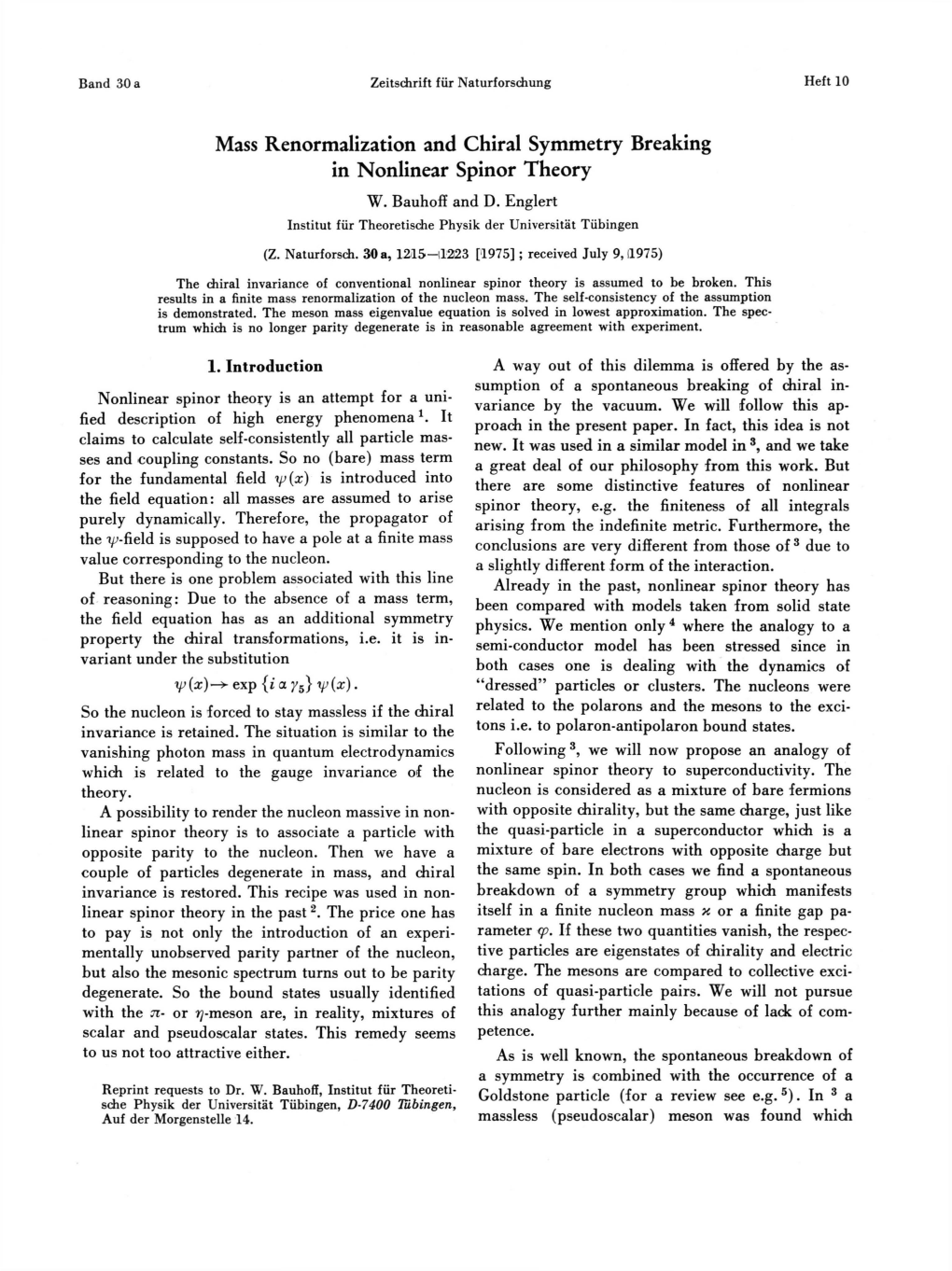 Mass Renormalization and Chiral Symmetry Breaking in Nonlinear Spinor Theory W