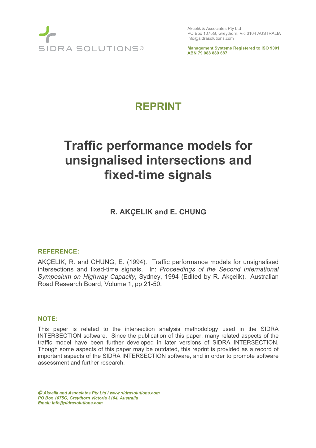 Download Publicationtraffic Performance Models for Unsignalised Intersections and Fixed-Time Signals