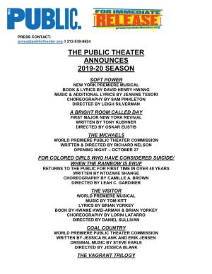 The Public Theater Announces 2019-20 Season