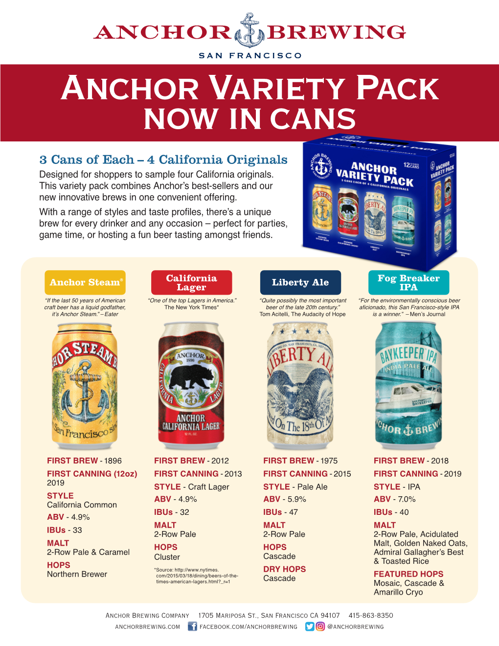 Anchor Variety Pack Now in Cans 3 Cans of Each -- 4 California Originals Designed for Shoppers to Sample Four California Originals